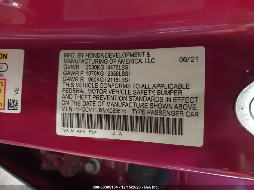 2021 HONDA ACCORD SPORT - 1HGCV1F39MA083614