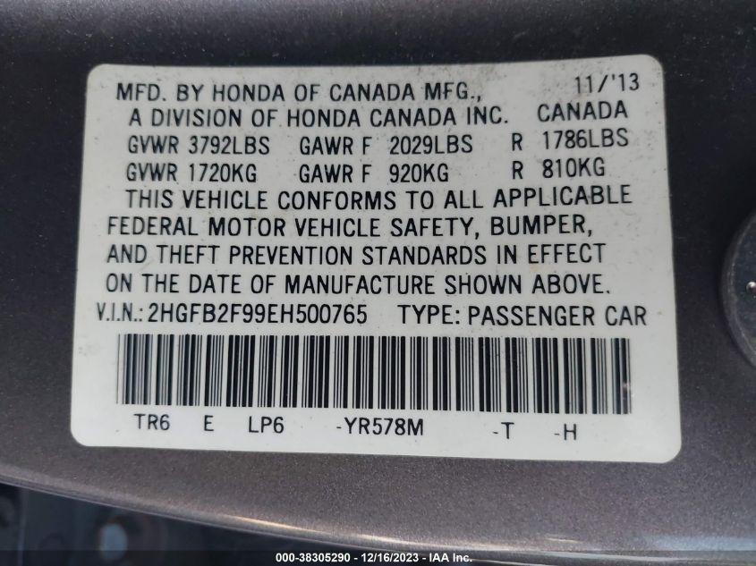 2HGFB2F99EH500765 | 2014 HONDA CIVIC