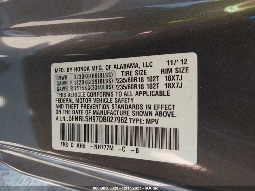 2013 HONDA ODYSSEY TOURING/TOURING ELITE - 5FNRL5H97DB027962