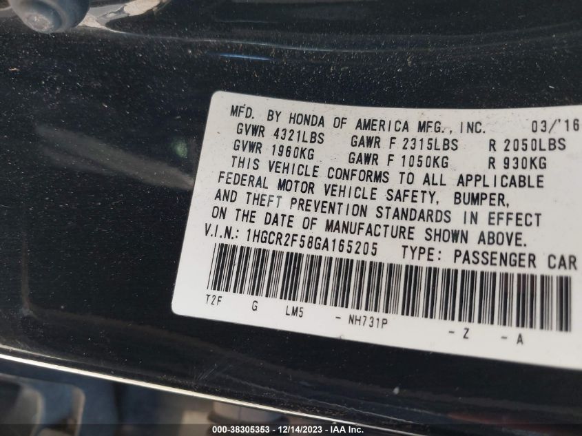 2016 HONDA ACCORD SPORT - 1HGCR2F58GA165205