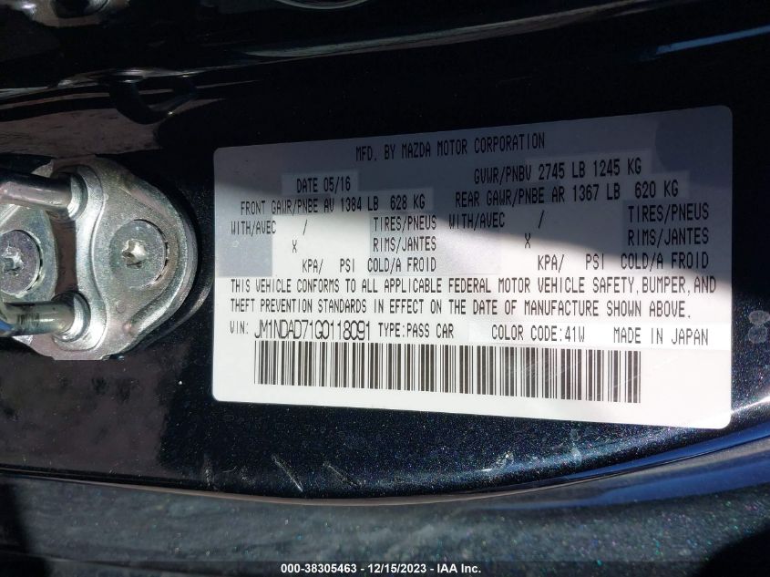 2016 MAZDA MX-5 MIATA GRAND TOURING - JM1NDAD71G0118091
