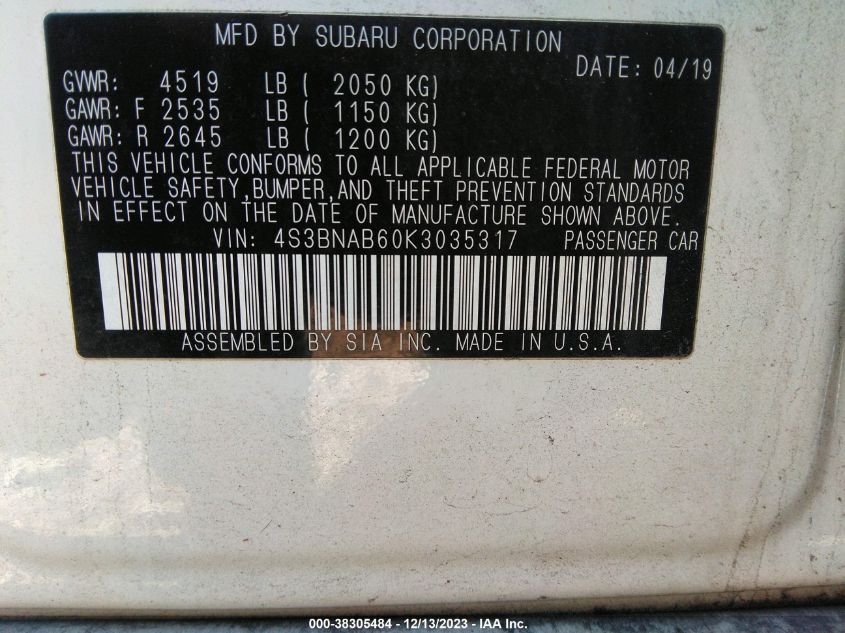 2019 SUBARU LEGACY 2.5I - 4S3BNAB60K3035317