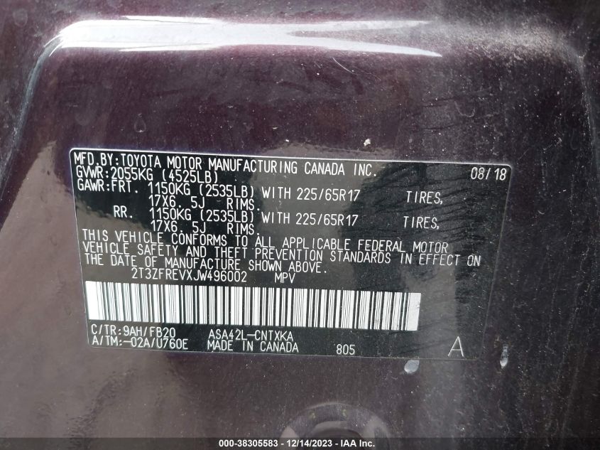 2018 TOYOTA RAV4 LE - 2T3ZFREVXJW496002