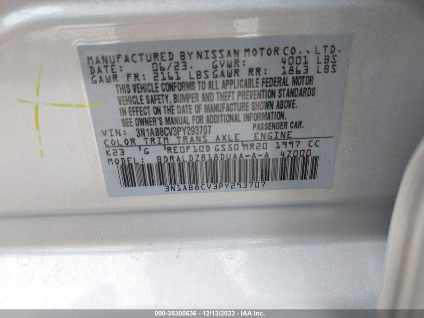 2023 NISSAN SENTRA SV - 3N1AB8CV3PY293707