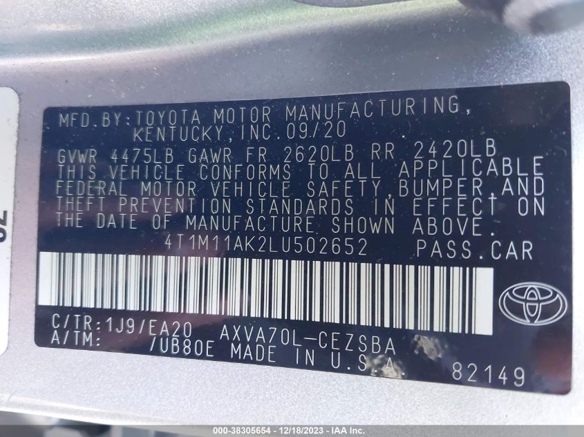 2020 TOYOTA CAMRY SE - 4T1M11AK2LU502652