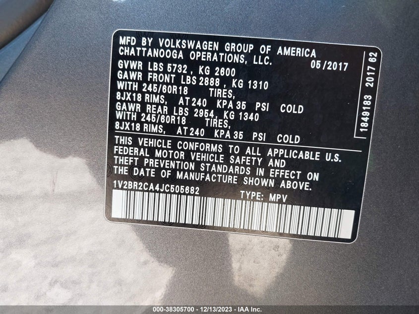 VIN 1V2BR2CA4JC505682 2018 VOLKSWAGEN ATLAS