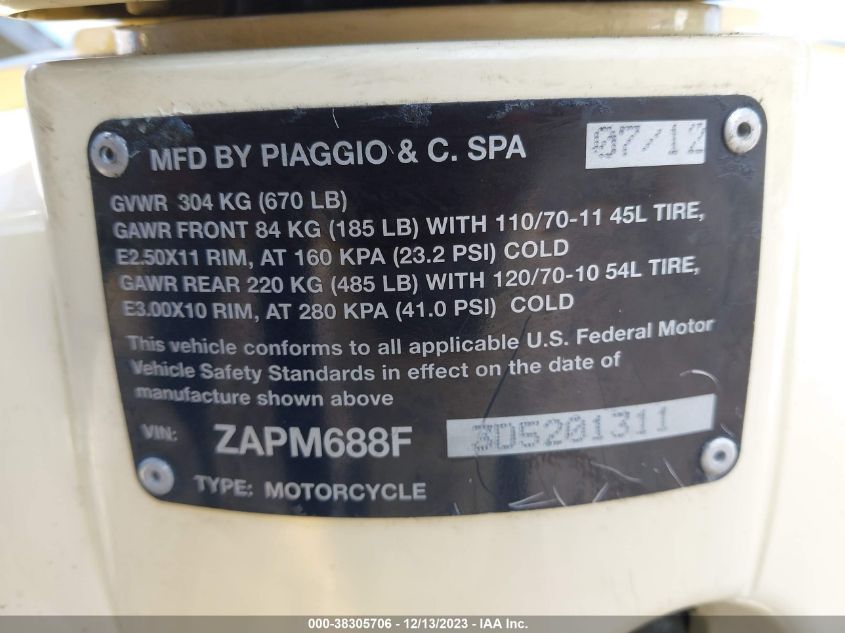 2013 VESPA LX 150IE ZAPM688F3D5201311