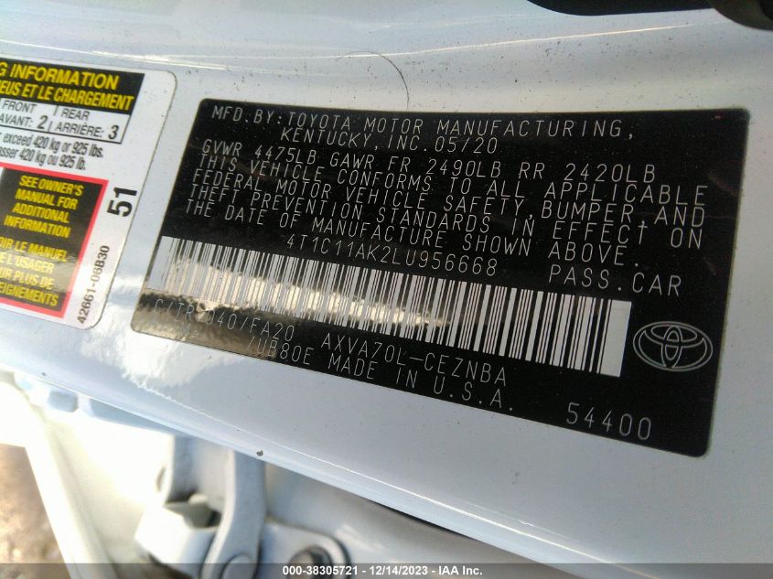 2020 TOYOTA CAMRY LE - 4T1C11AK2LU956668