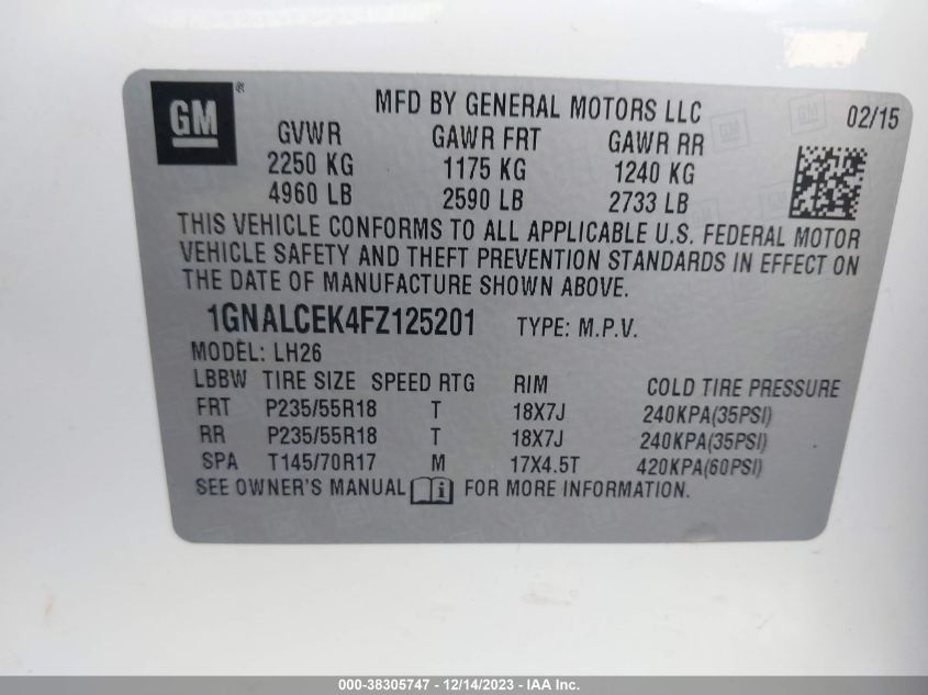 2015 CHEVROLET EQUINOX LT - 1GNALCEK4FZ125201