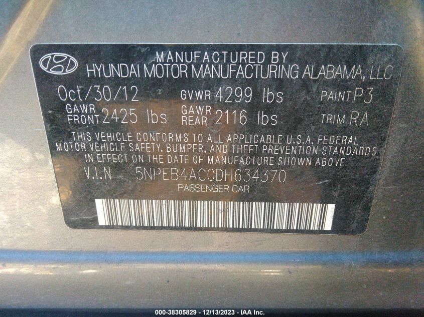 5NPEB4AC0DH634370 | 2013 HYUNDAI SONATA