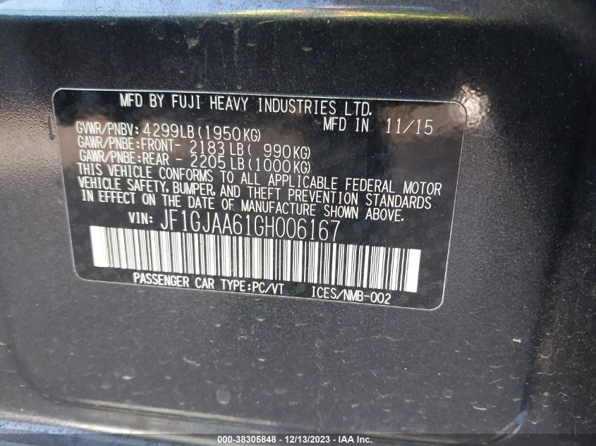 2016 SUBARU IMPREZA - JF1GJAA61GH006167