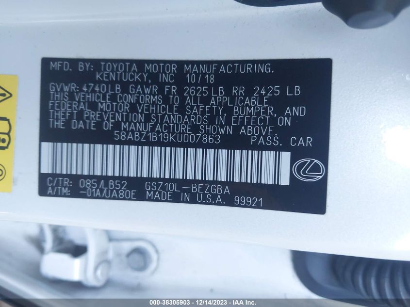 2019 LEXUS ES 350 LUXURY - 58ABZ1B19KU007863