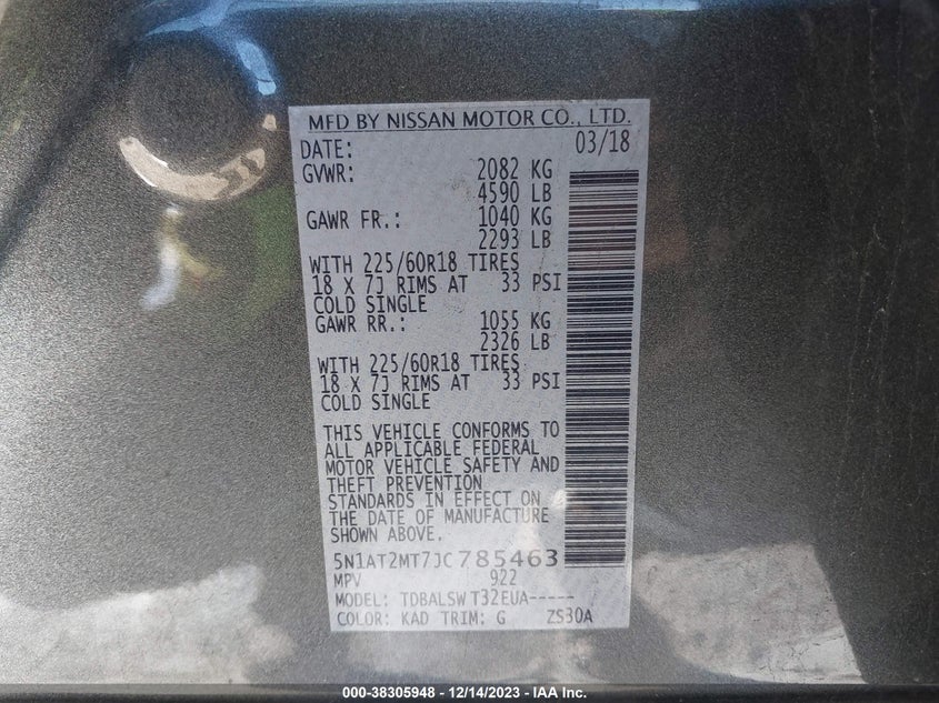 VIN 5N1AT2MT7JC785463 2018 NISSAN ROGUE SL