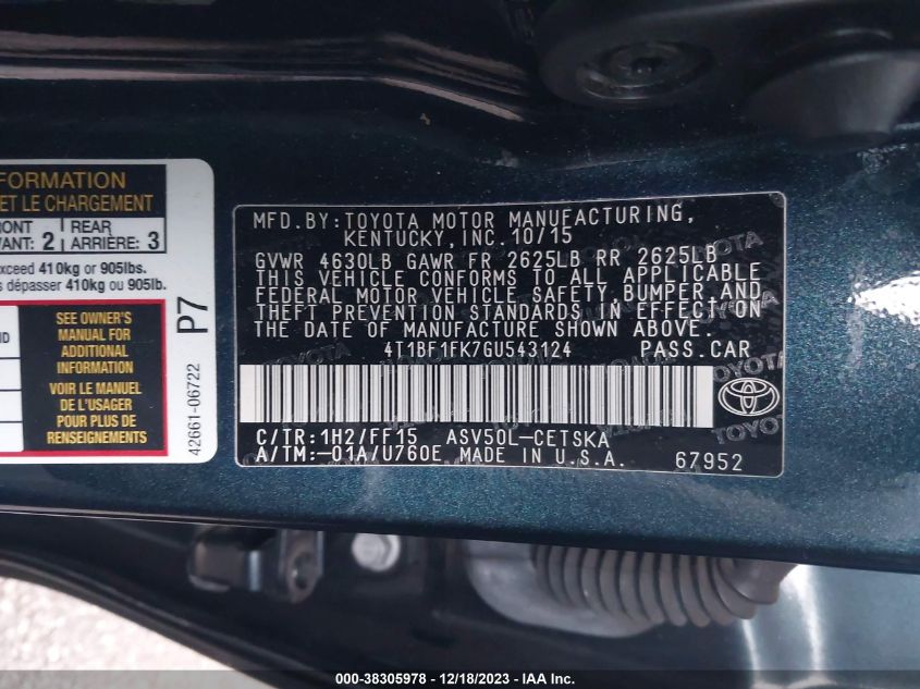 2016 TOYOTA CAMRY SE - 4T1BF1FK7GU543124