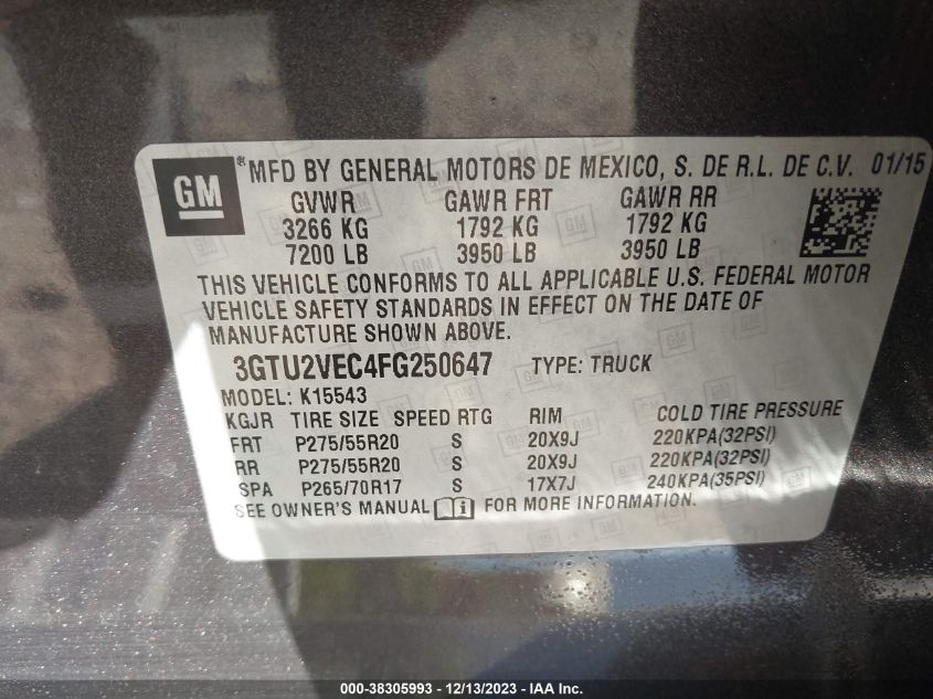 2015 GMC SIERRA 1500 SLT - 3GTU2VEC4FG250647