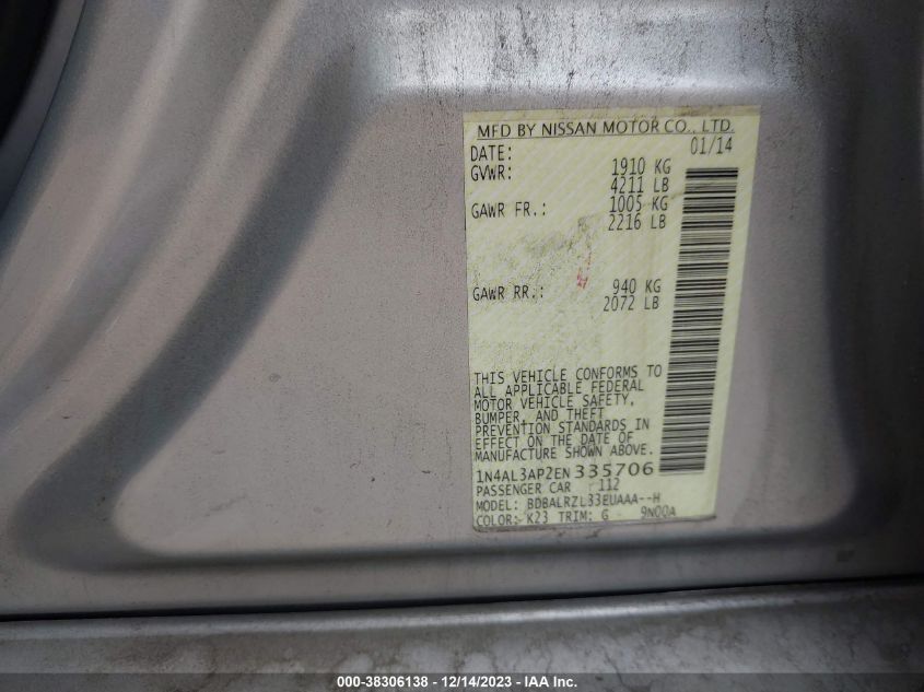 2014 NISSAN ALTIMA 2.5/2.5 S/2.5 SL/2.5 SV - 1N4AL3AP2EN335706