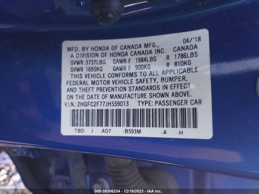 2018 HONDA CIVIC EX - 2HGFT2F77JH559013