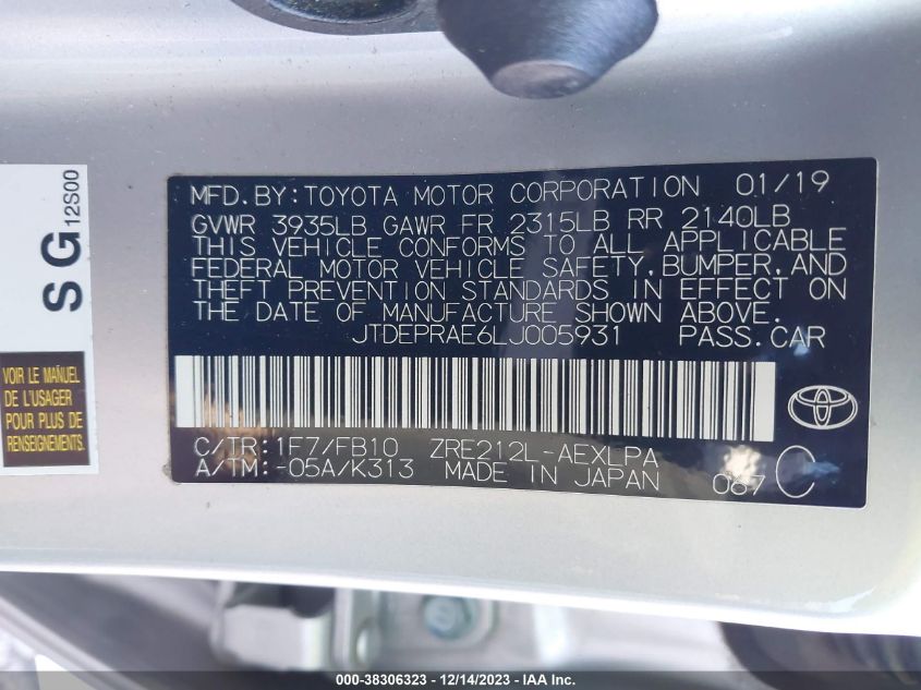 2020 TOYOTA COROLLA LE - JTDEPRAE6LJ005931