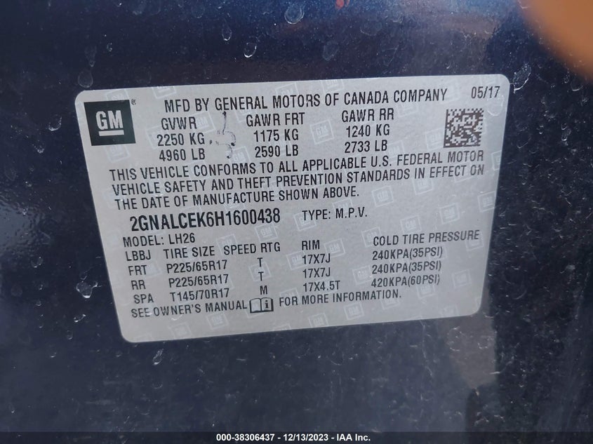 VIN 2GNALCEK6H1600438 2017 CHEVROLET EQUINOX LT