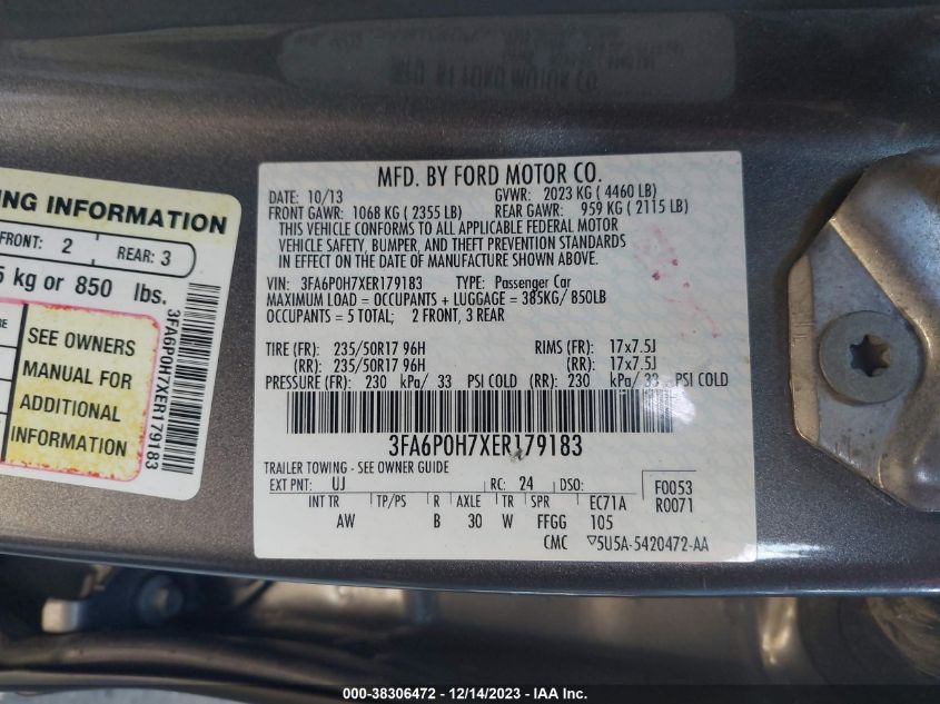 2014 FORD FUSION SE - 3FA6P0H7XER179183