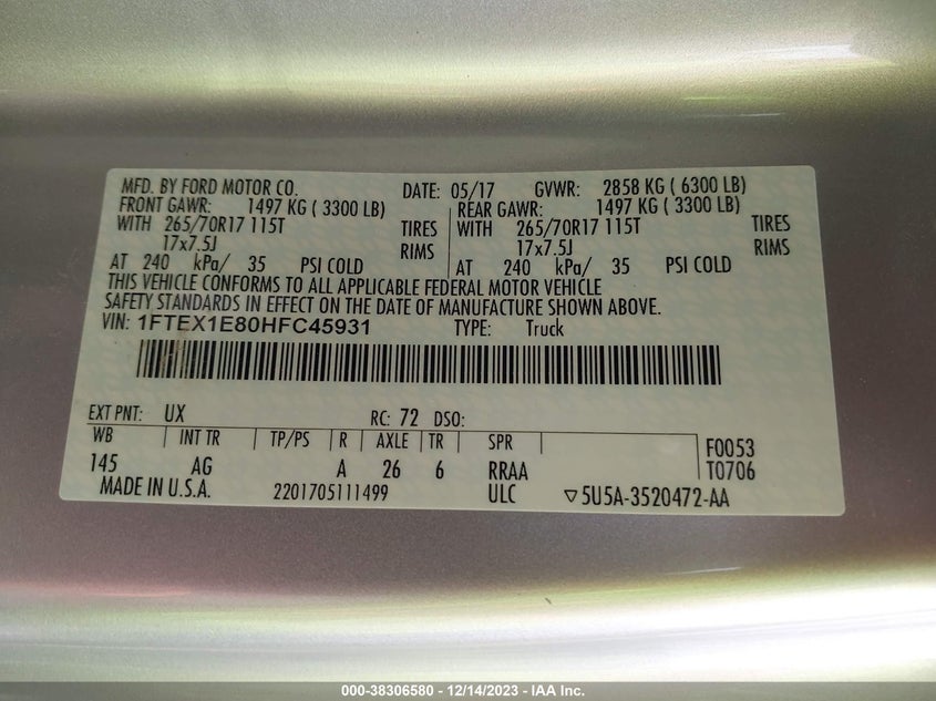 VIN 1FTEX1E80HFC45931 2017 FORD F-150 XL