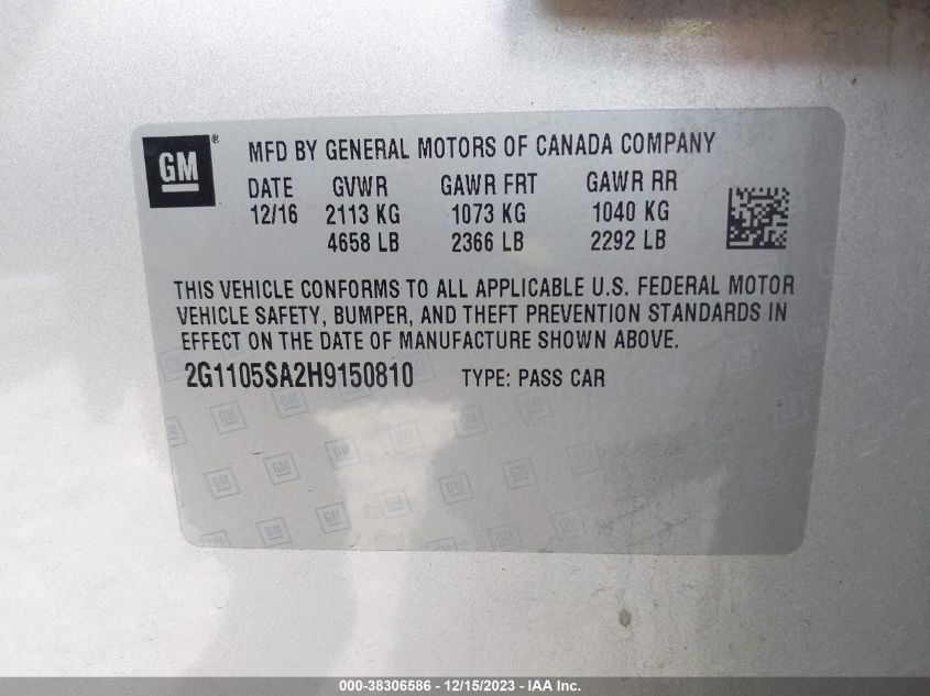 2017 CHEVROLET IMPALA LT - 2G1105SA2H9150810
