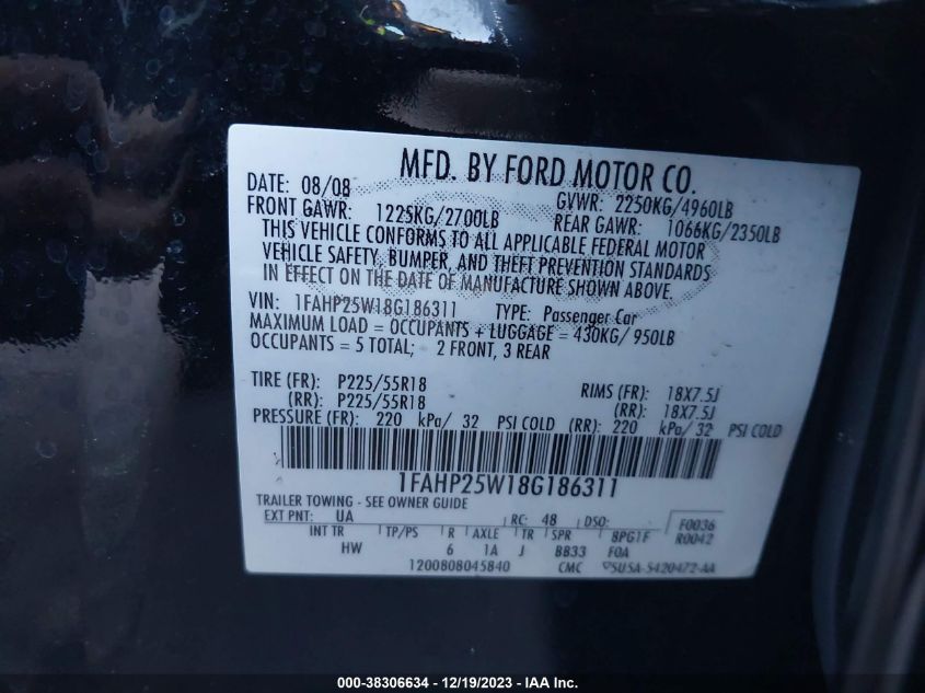 1FAHP25W18G186311 | 2008 FORD TAURUS