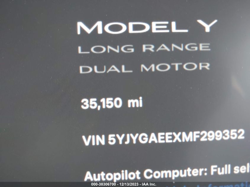 2021 TESLA MODEL Y LONG RANGE DUAL MOTOR ALL-WHEEL DRIVE - 5YJYGAEEXMF299352