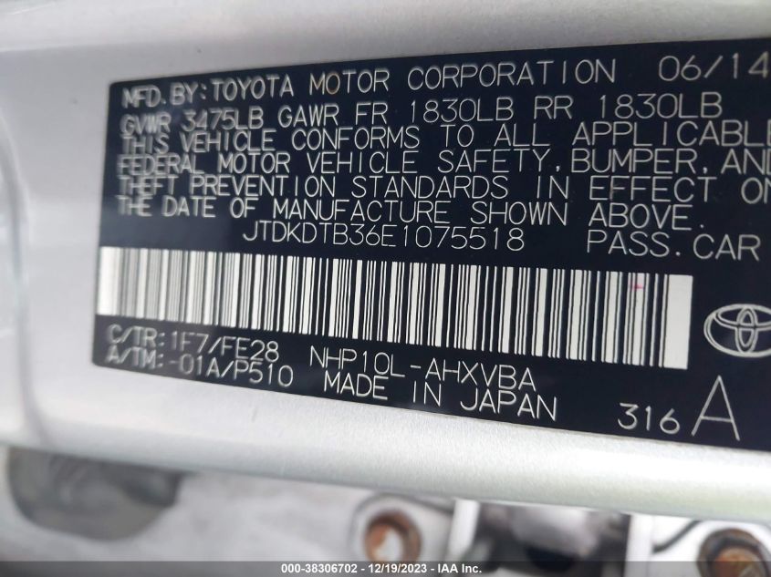 2014 TOYOTA PRIUS C - JTDKDTB36E1075518