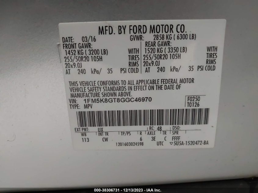 2016 FORD EXPLORER SPORT - 1FM5K8GT8GGC46970