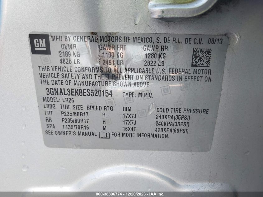 2014 CHEVROLET CAPTIVA SPORT LT 3GNAL3EK8ES520154