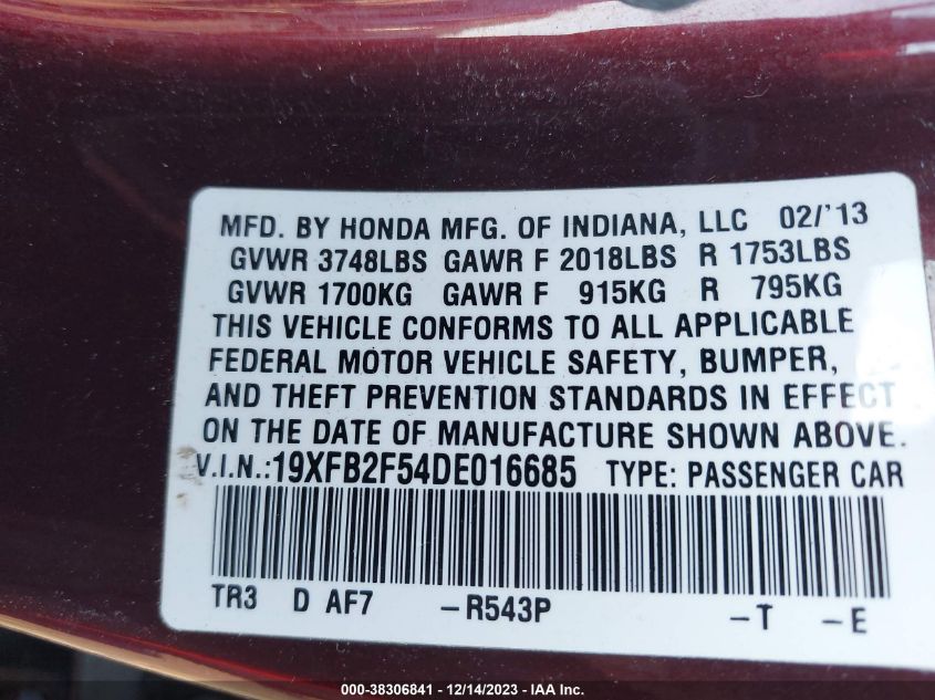 2013 HONDA CIVIC LX - 19XFB2F54DE016685