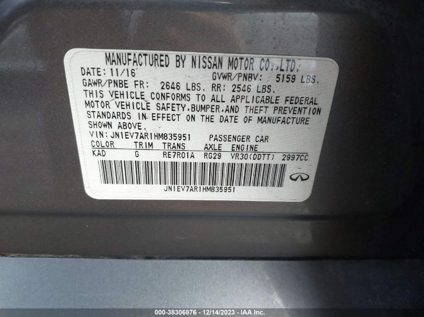 2017 INFINITI Q50 3.0T PREMIUM - JN1EV7AR1HM835951