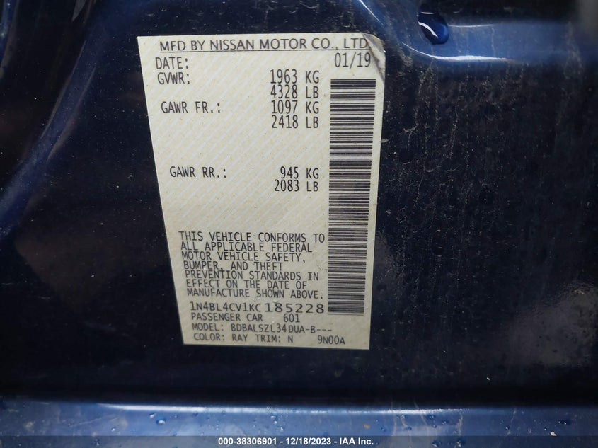 VIN 1N4BL4CV1KC185228 2019 NISSAN ALTIMA SR