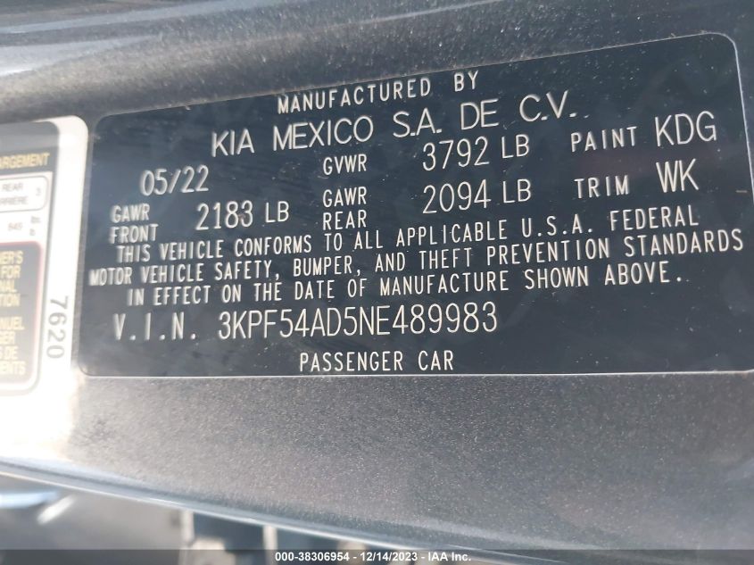 2022 KIA FORTE GT-LINE - 3KPF54AD5NE489983