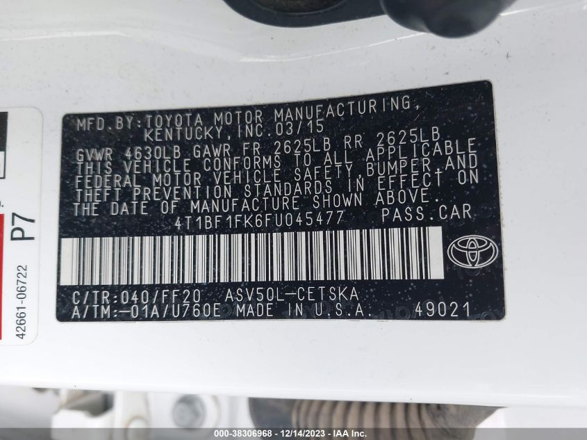 2015 TOYOTA CAMRY SE - 4T1BF1FK6FU045477