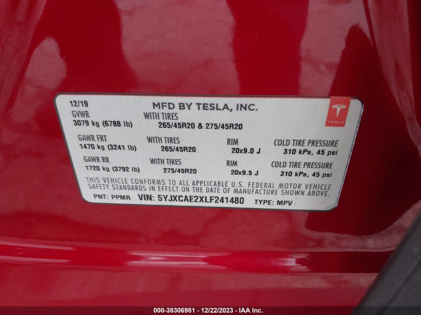 2020 TESLA MODEL X LONG RANGE DUAL MOTOR ALL-WHEEL DRIVE/LONG RANGE PLUS DUAL MOTOR ALL-WHEEL DRIVE - 5YJXCAE2XLF241480