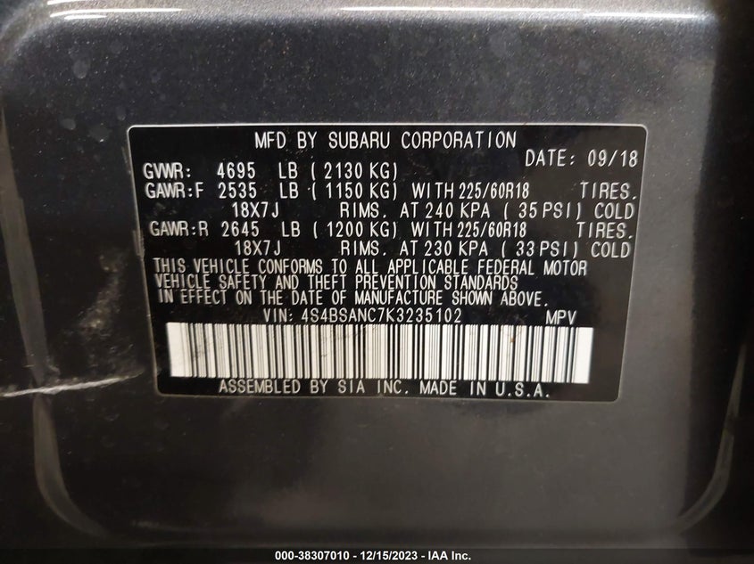 VIN 4S4BSANC7K3235102 2019 SUBARU OUTBACK 2.5I LIMITED