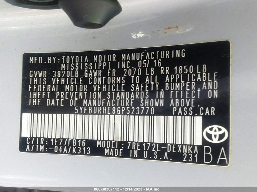 2016 TOYOTA COROLLA LE - 5YFBURHE8GP523770