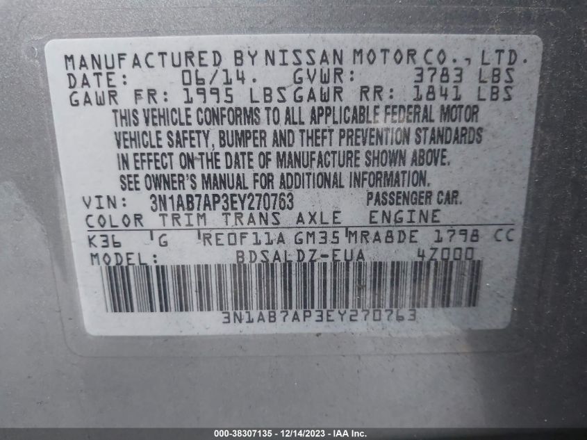 2014 NISSAN SENTRA SV - 3N1AB7AP3EY270763