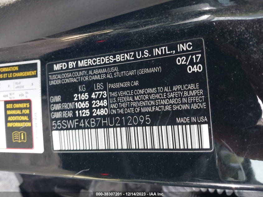 VIN 55SWF4KB7HU212095 2017 MERCEDES-BENZ C 300 4MATIC/LUXURY 4MATIC/SPORT 4MATIC