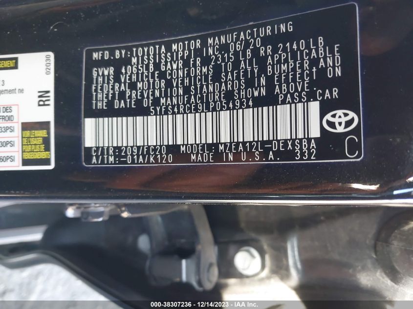 2020 TOYOTA COROLLA SE - 5YFS4RCE9LP054934