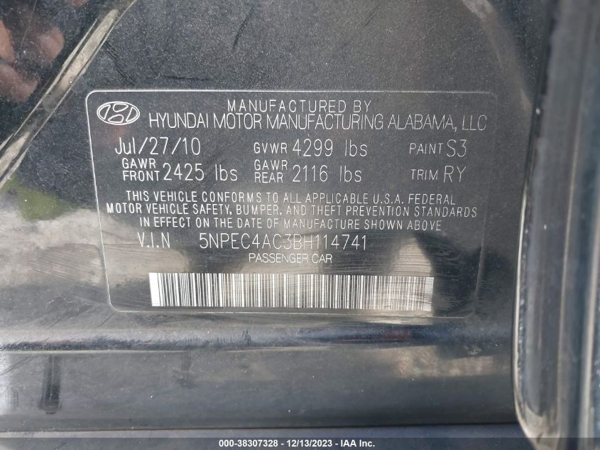 5NPEC4AC3BH114741 | 2011 HYUNDAI SONATA