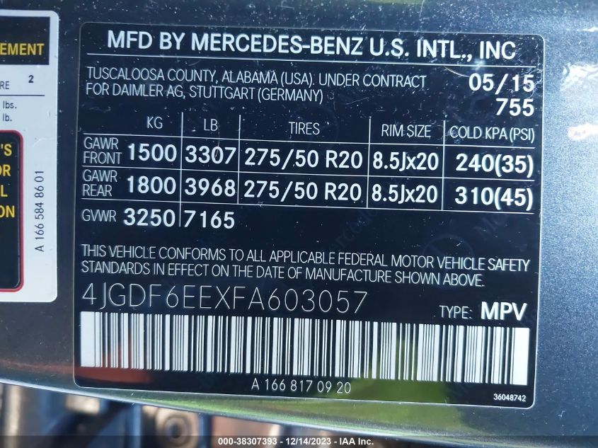 2015 MERCEDES-BENZ GL 450 4MATIC 4JGDF6EEXFA603057