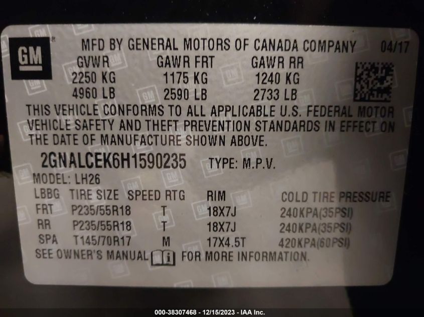 2017 CHEVROLET EQUINOX LT - 2GNALCEK6H1590235