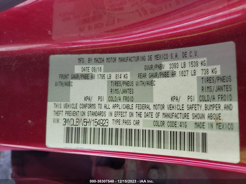 VIN 3MYDLBYV5HY154923 2017 TOYOTA YARIS IA