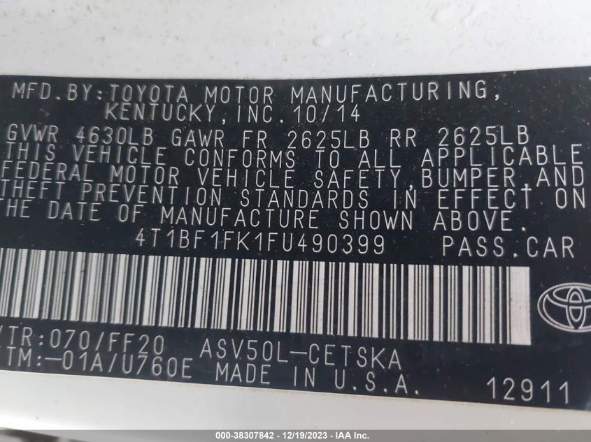 2015 TOYOTA CAMRY LE/XLE/SE/XSE - 4T1BF1FK1FU490399