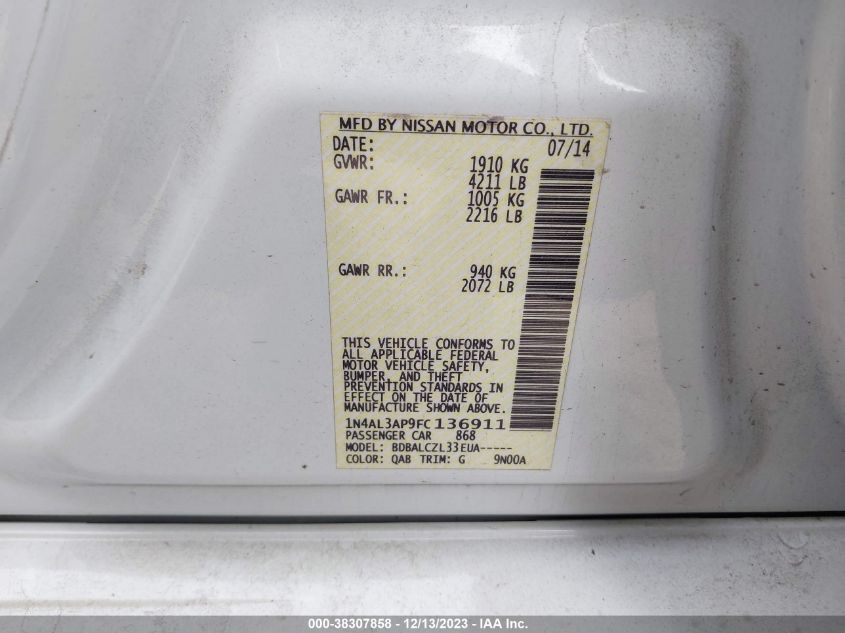 2015 NISSAN ALTIMA 2.5/2.5 S/2.5 SL/2.5 SV - 1N4AL3AP9FC136911