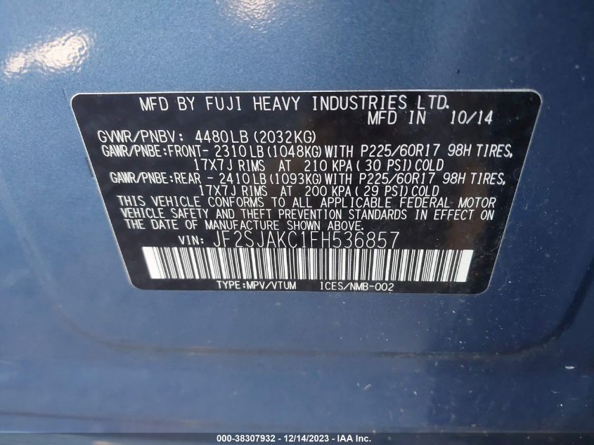2015 SUBARU FORESTER 2.5I LIMITED - JF2SJAKC1FH536857