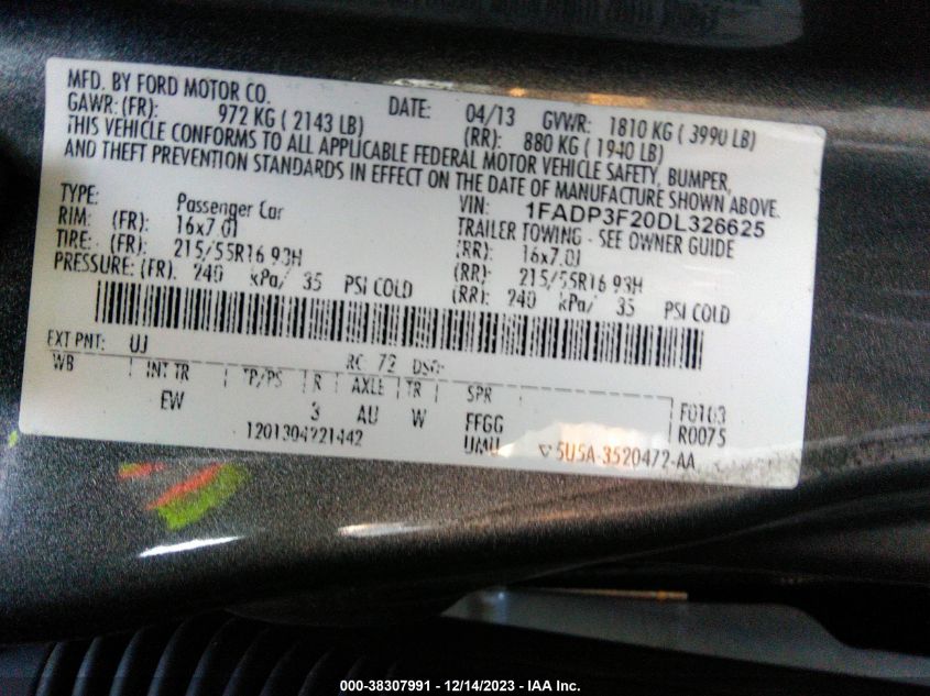 2013 FORD FOCUS SE - 1FADP3F20DL326625